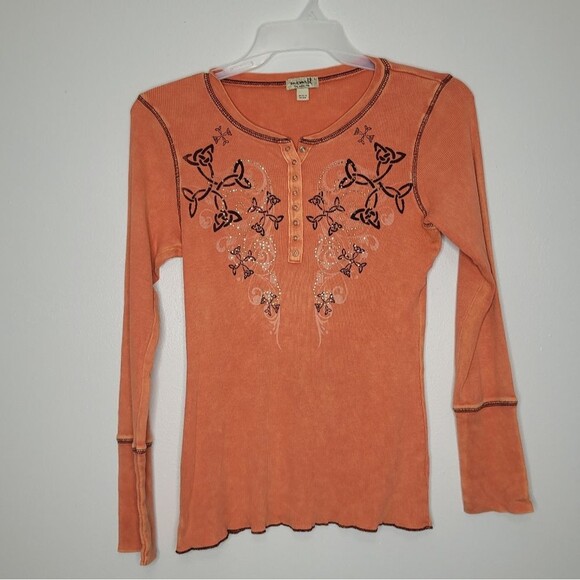 Vintage 90s y2k orange biker cyber goth Mc bling emo thermal top size large - Picture 1 of 6